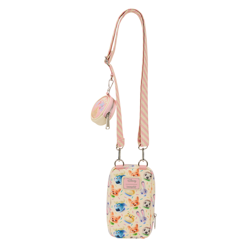 Small Zootopia 2 Judy Loungefly crossbody bag with colorful design and strap on a white background