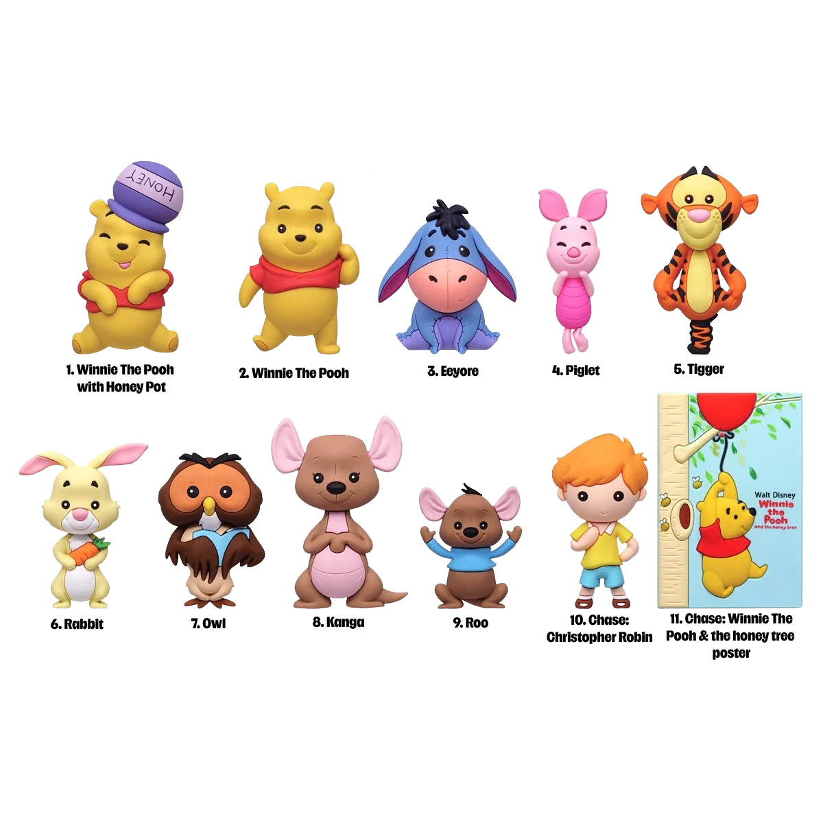 Set of Winnie the Pooh and friends figurines with labels on a white background