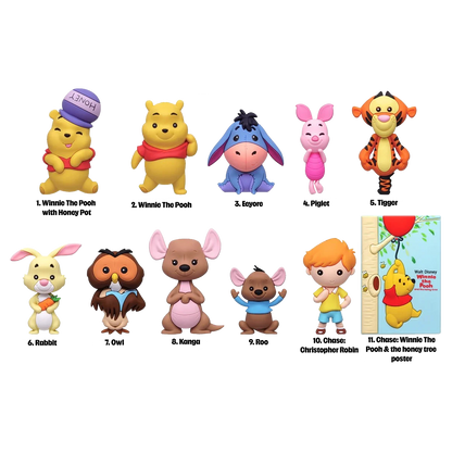 Set of Winnie the Pooh and friends figurines with labels on a white background