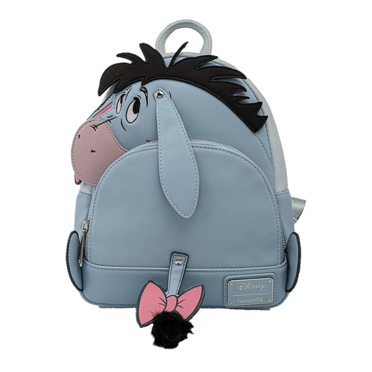 Loungefly backpack designed like Eeyore from Winnie the Pooh with a pink bow, on a white background