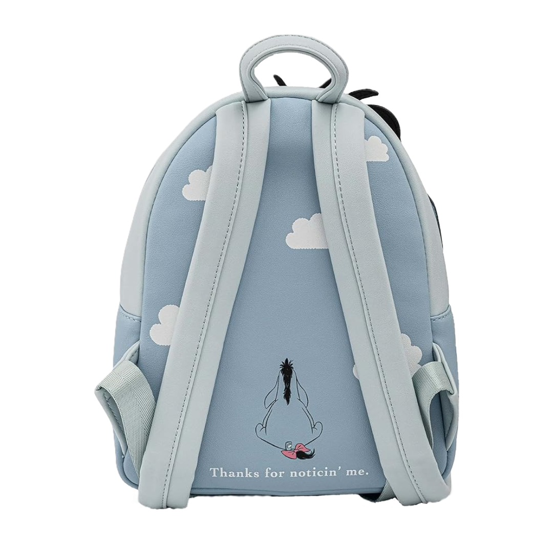 Eeyore Loungefly backpack with cloud design and text "thanks for noticin' me" on a light blue background