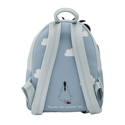 Eeyore Loungefly backpack with cloud design and text "thanks for noticin' me" on a light blue background