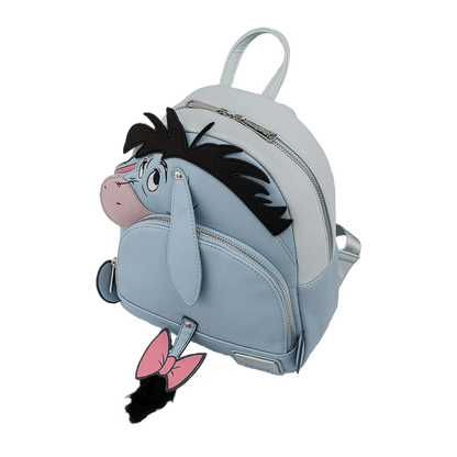 Eeyore Loungefly backpack with a cartoon donkey design from Winnie the Pooh on a white background