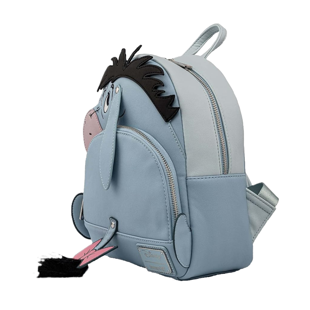 Gray Eeyore Loungefly backpack with a Winnie the Pooh character design on a white background. 
