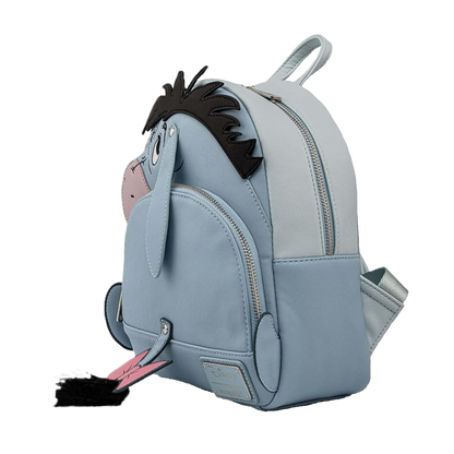 Gray Eeyore Loungefly backpack with a Winnie the Pooh character design on a white background. 