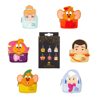 Collection of Cinderella 75th Anniversary Loungefly Mystery Bag Charms and a packaging box on a white background