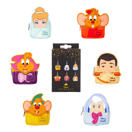 Collection of Cinderella 75th Anniversary Loungefly Mystery Bag Charms and a packaging box on a white background