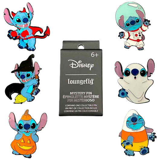 Set of halloween themed Loungefly pins featuring Stitch in various costumes with a mystery pin packaging.