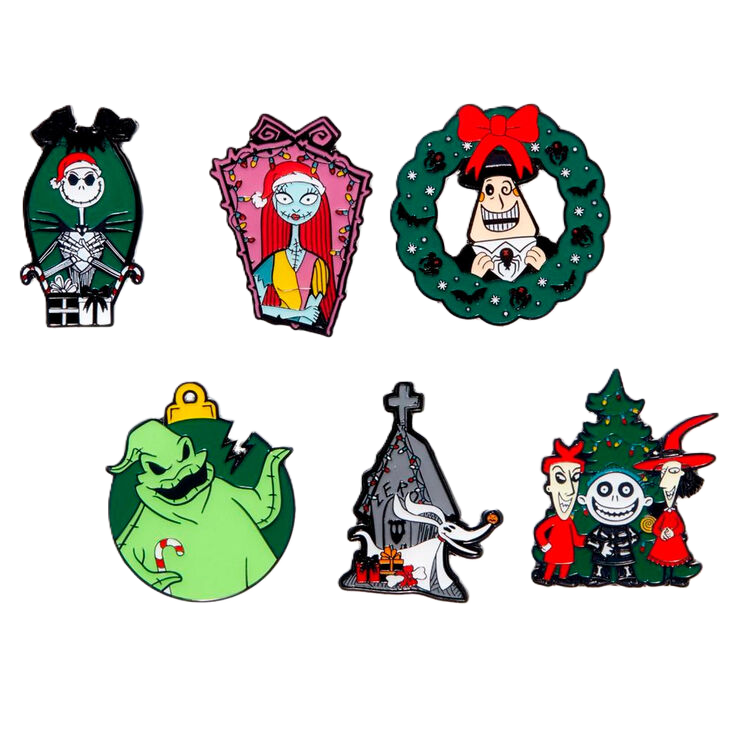 Set of six nightmare before christmas character pins on a white background