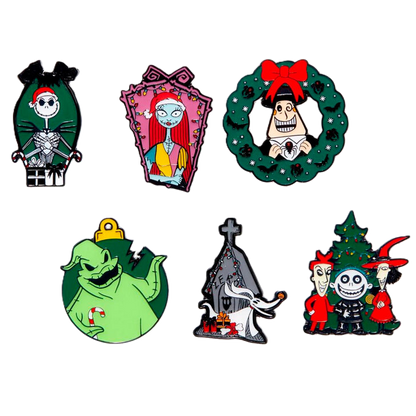 Set of six nightmare before christmas character pins on a white background