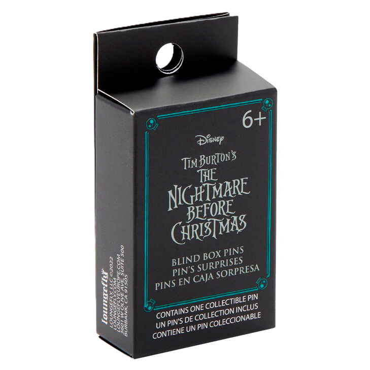 Black blind box packaging for 'The Nightmare Before Christmas' with text and Loungefly branding.