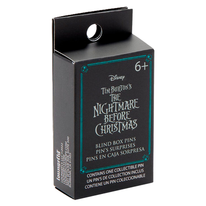 Black blind box packaging for 'The Nightmare Before Christmas' with text and Loungefly branding.