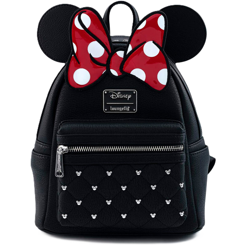 Black Loungefly backpack with polka dot Minnie Mouse ears and bow on a white background