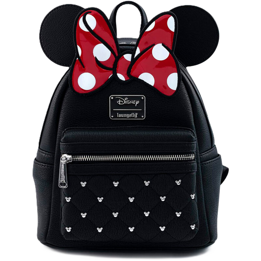 Black Loungefly backpack with polka dot Minnie Mouse ears and bow on a white background