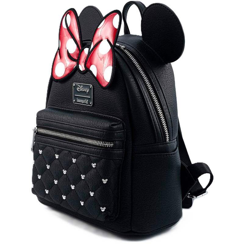 Black backpack with Minnie Mouse ears and red polka dot bow design on a white background
