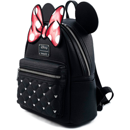 Black backpack with Minnie Mouse ears and red polka dot bow design on a white background