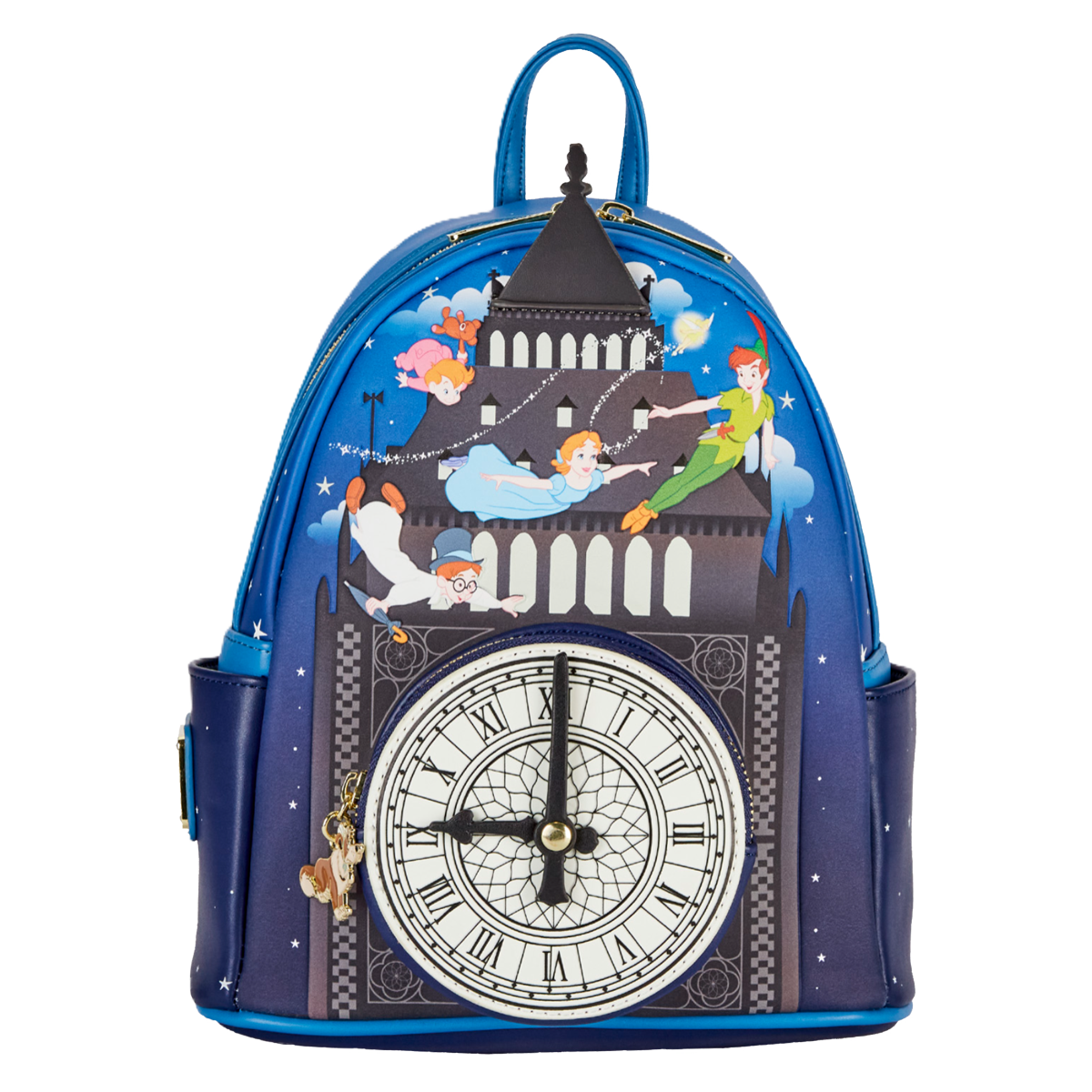 Disney Loungefly backpack with Peter pan design and London clock tower on a white background