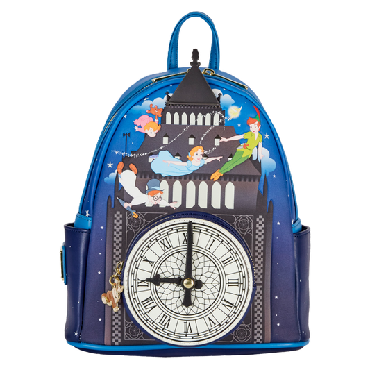Disney Loungefly backpack with Peter pan design and London clock tower on a white background