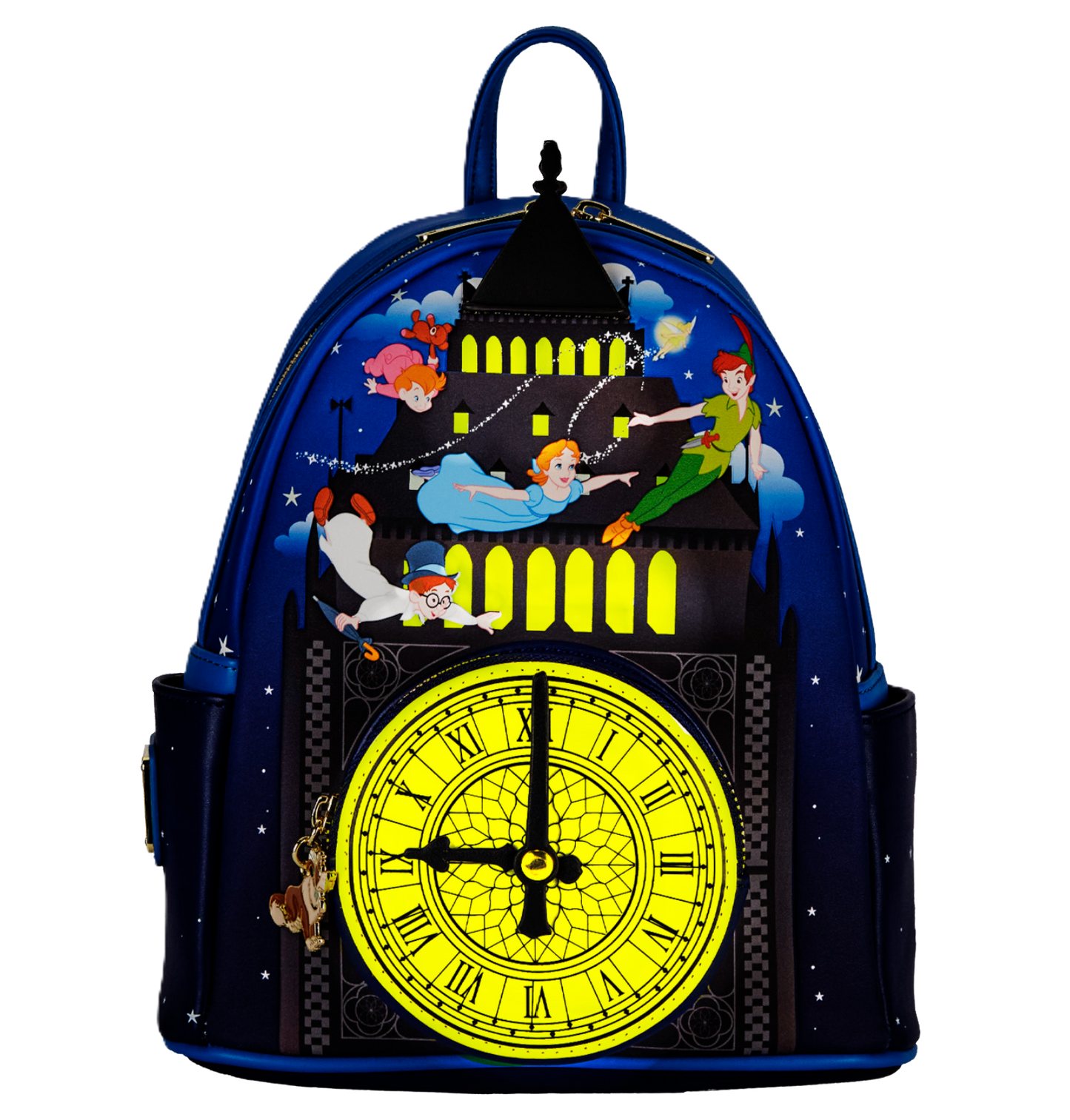 Backpack with animated characters from Peter Pan and clock design on a white background