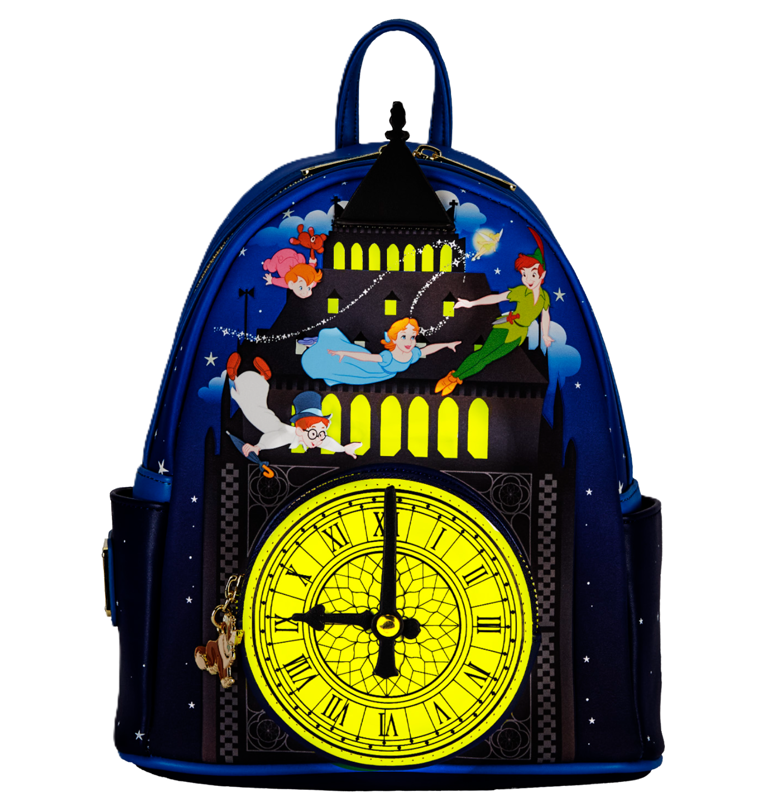 Backpack with animated characters from Peter Pan and clock design on a white background