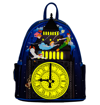 Backpack with animated characters from Peter Pan and clock design on a white background