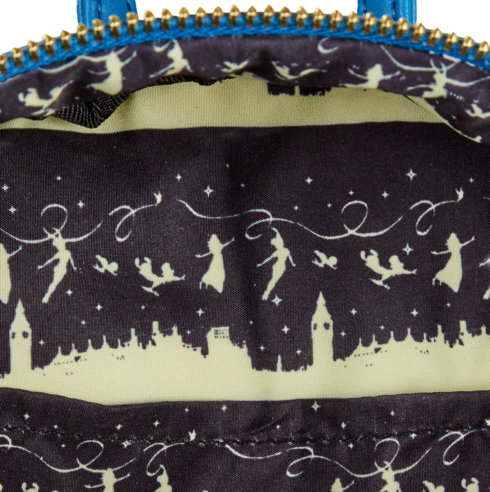 Close-up of a Peter Pan Loungefly backpack interior lining with Peter Pan, Wendy and the kids silhouettes on a dark background