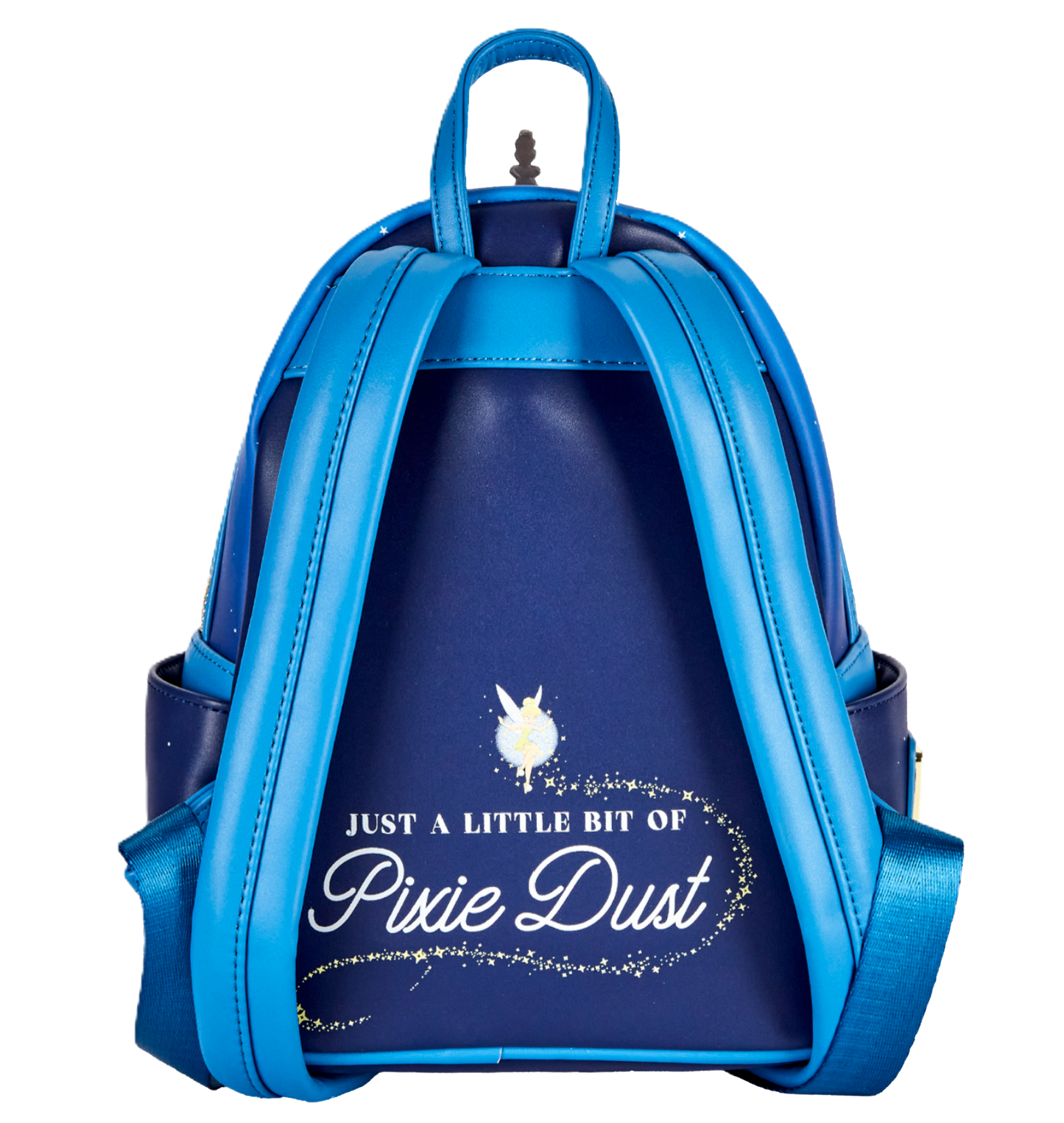 Blue Loungefly backpack with 'Just a Little Bit of Pixie Dust' text on a white background with Tinker Bell