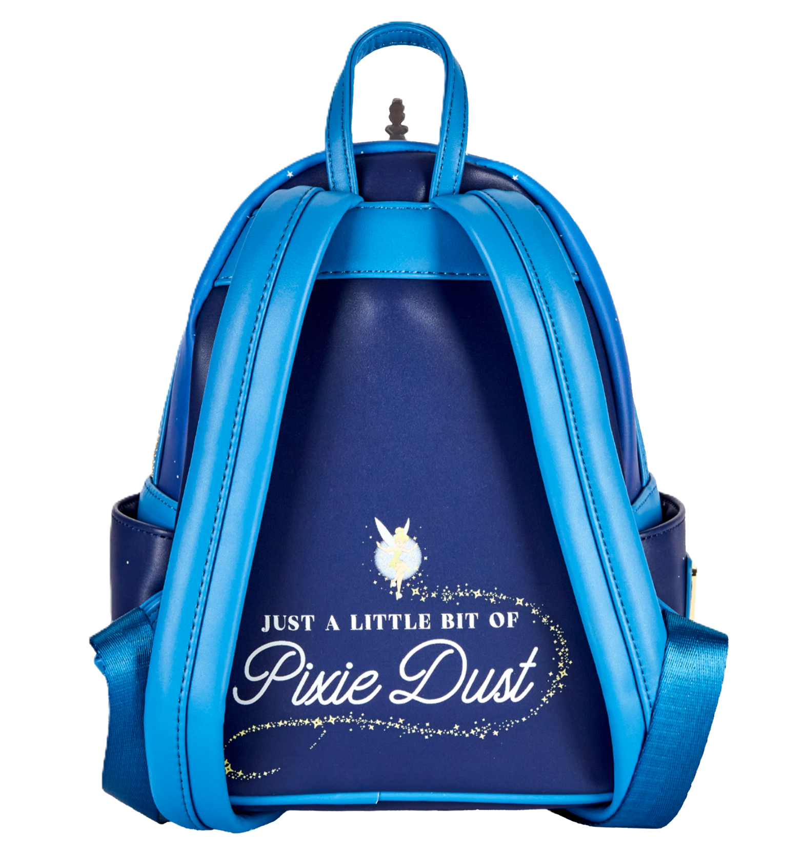 Blue Loungefly backpack with 'Just a Little Bit of Pixie Dust' text on a white background with Tinker Bell