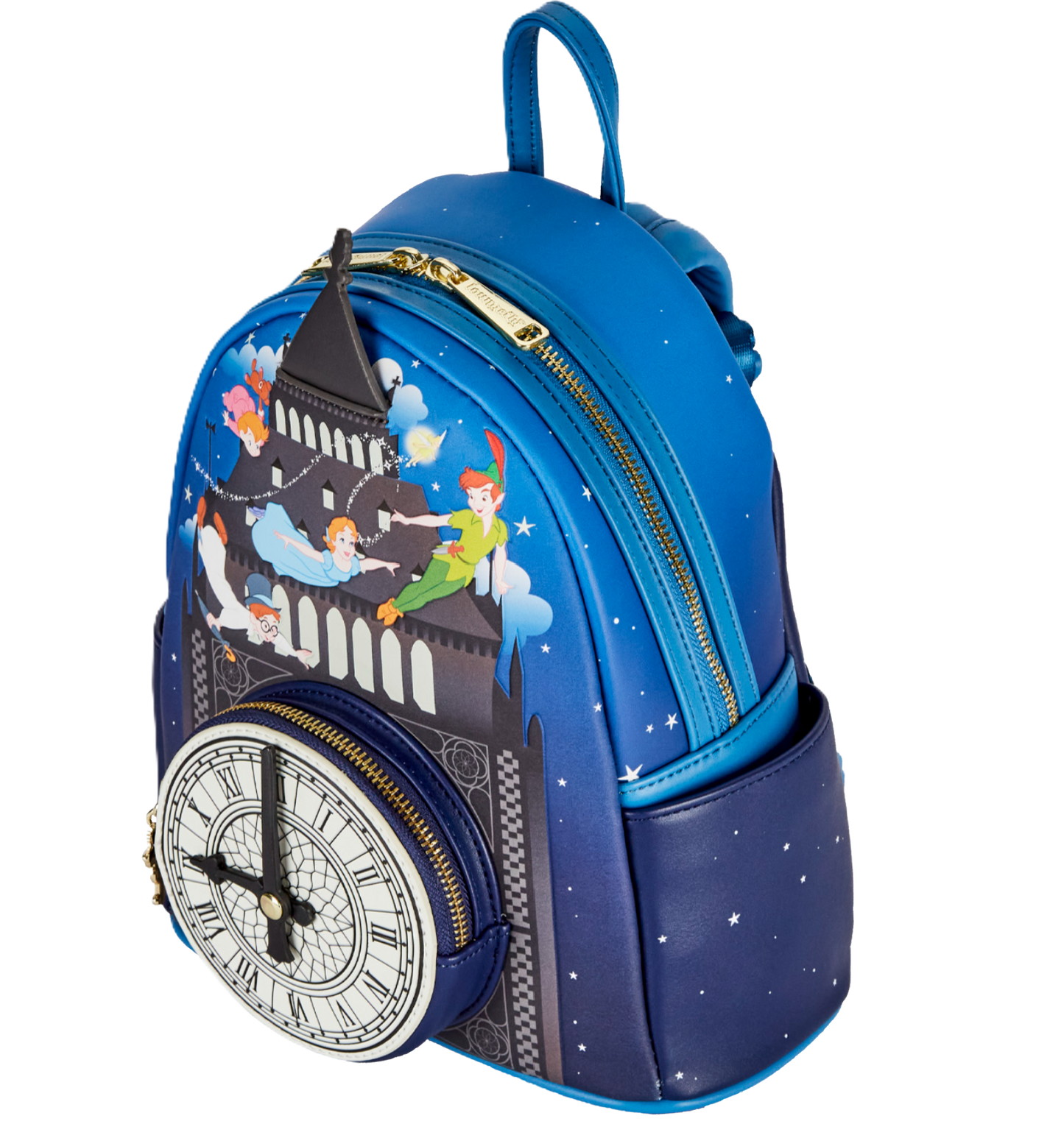 Blue Peter Pan Loungefly backpack with Wendy, Tinker bell & Peter Pan and clock face on a white background