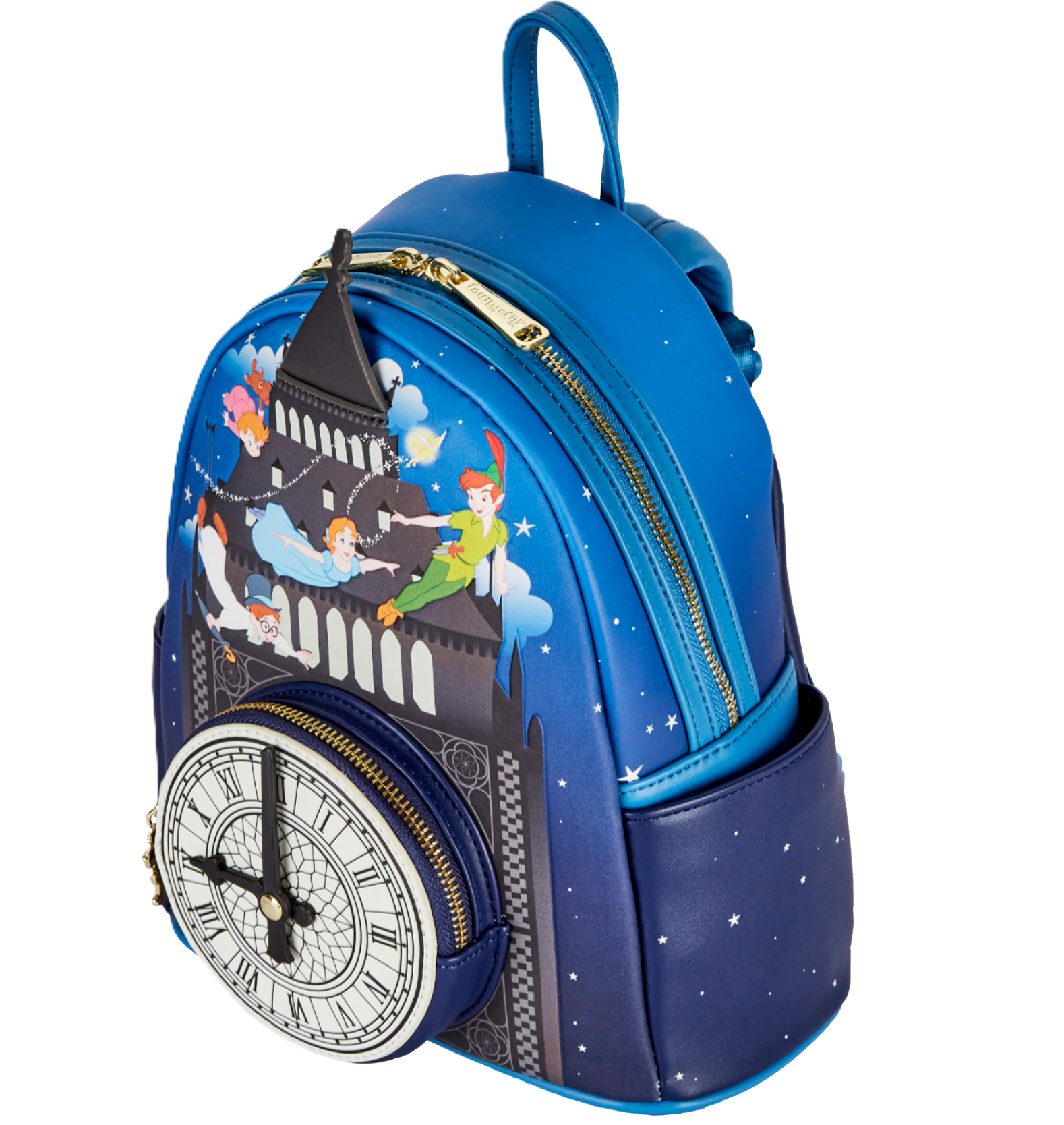 Blue Peter Pan Loungefly backpack with Wendy, Tinker bell & Peter Pan and clock face on a white background