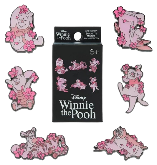 Set of Loungefly Winnie the Pooh cherry blossom pins with a packaging box featuring winnie the pooh, eeyore, piglet, roo, tigger and owl in cherry blossoms 