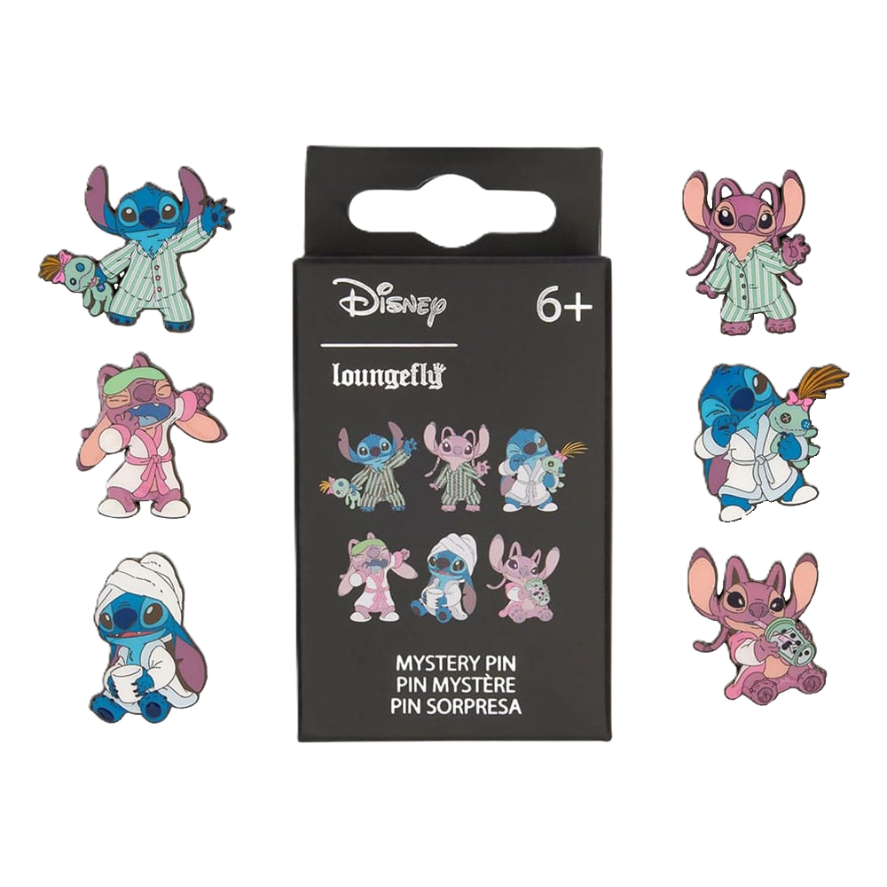Disney Stitch & Angel Loungefly mystery pin set with packaging on a white background