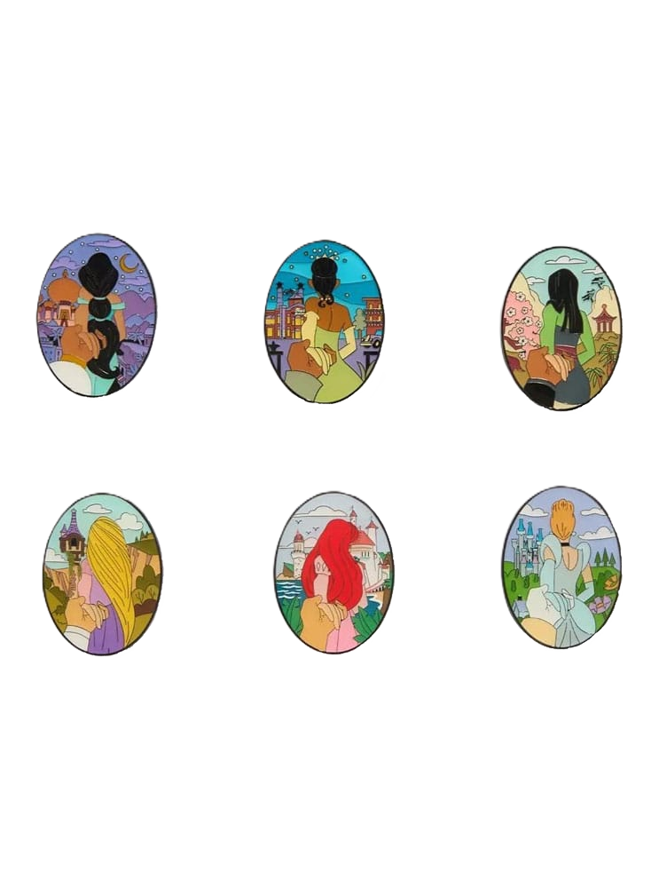 Set of six oval-shaped Loungefly pins featuring different Disney princess couples in various scenes on a white background.