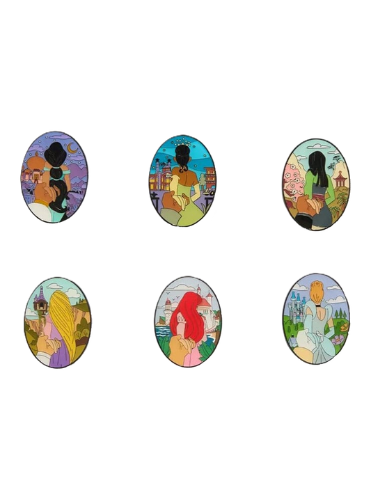 Set of six oval-shaped Loungefly pins featuring different Disney princess couples in various scenes on a white background.