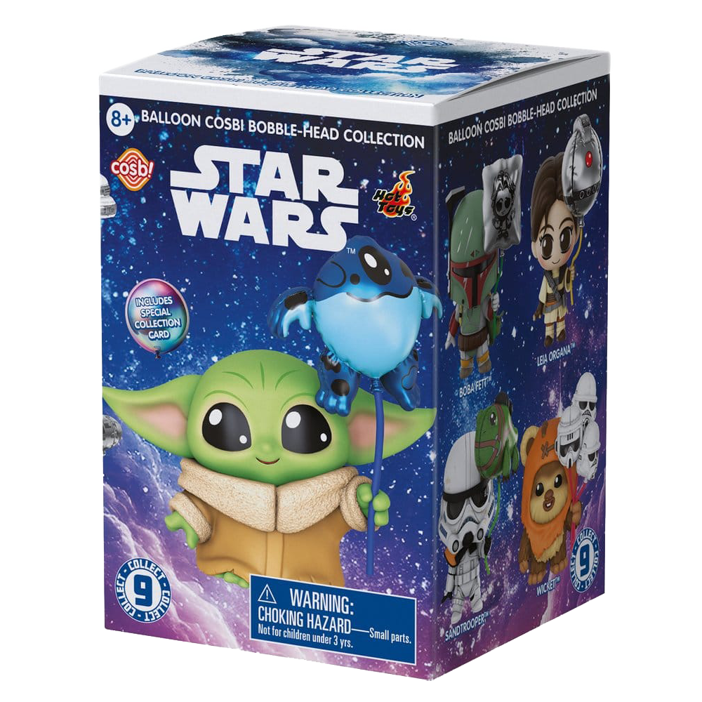 Box of Star Wars Balloon Cosbi Bobble-Head Collection with characters on a blue and purple background