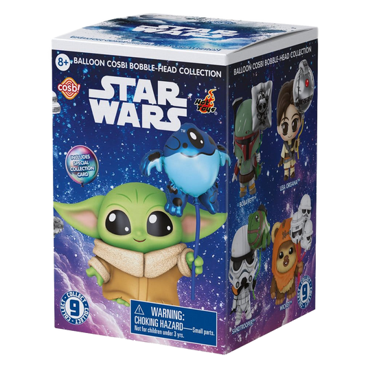 Box of Star Wars Balloon Cosbi Bobble-Head Collection with characters on a blue and purple background