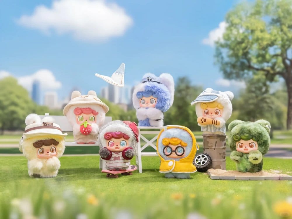 Q Kid outdoor activities characters in various outfits on a grassy area with trees and buildings in the background