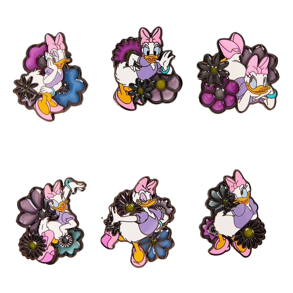 Set of six Disney Daisy Duck Loungefly character pins with floral designs on a white background