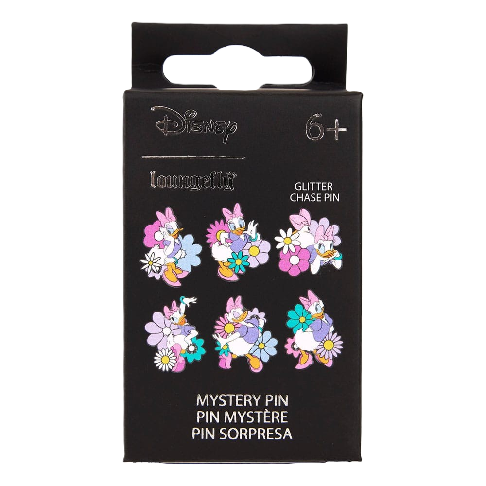 Packaged Disney 85th anniversary Daisy Duck Loungefly pins with glitter chase pin and flowers on a black background