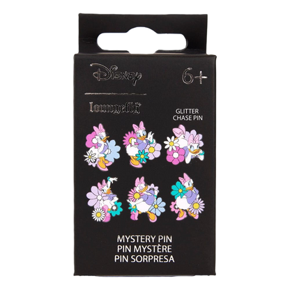 Packaged Disney 85th anniversary Daisy Duck Loungefly pins with glitter chase pin and flowers on a black background