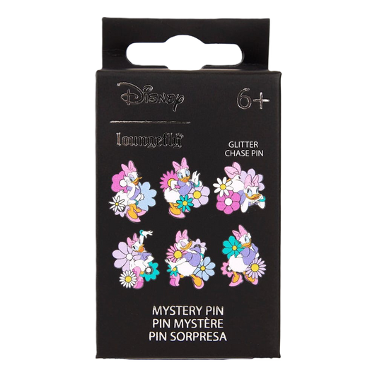 Packaged Disney 85th anniversary Daisy Duck Loungefly pins with glitter chase pin and flowers on a black background