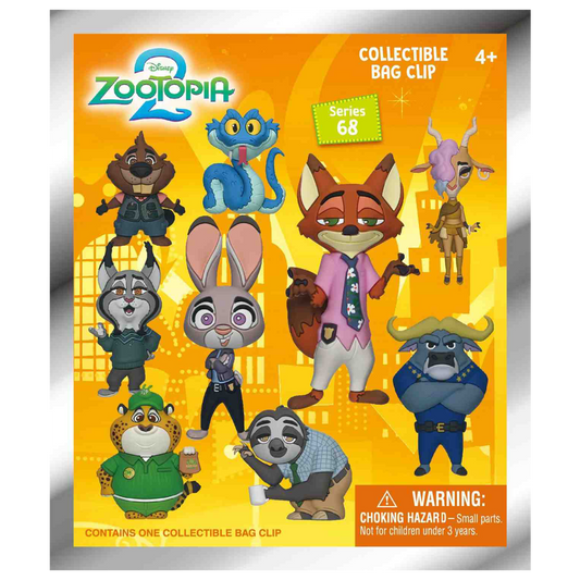 Zootopia 2 collectible bag charms set packaging with characters on an orange background